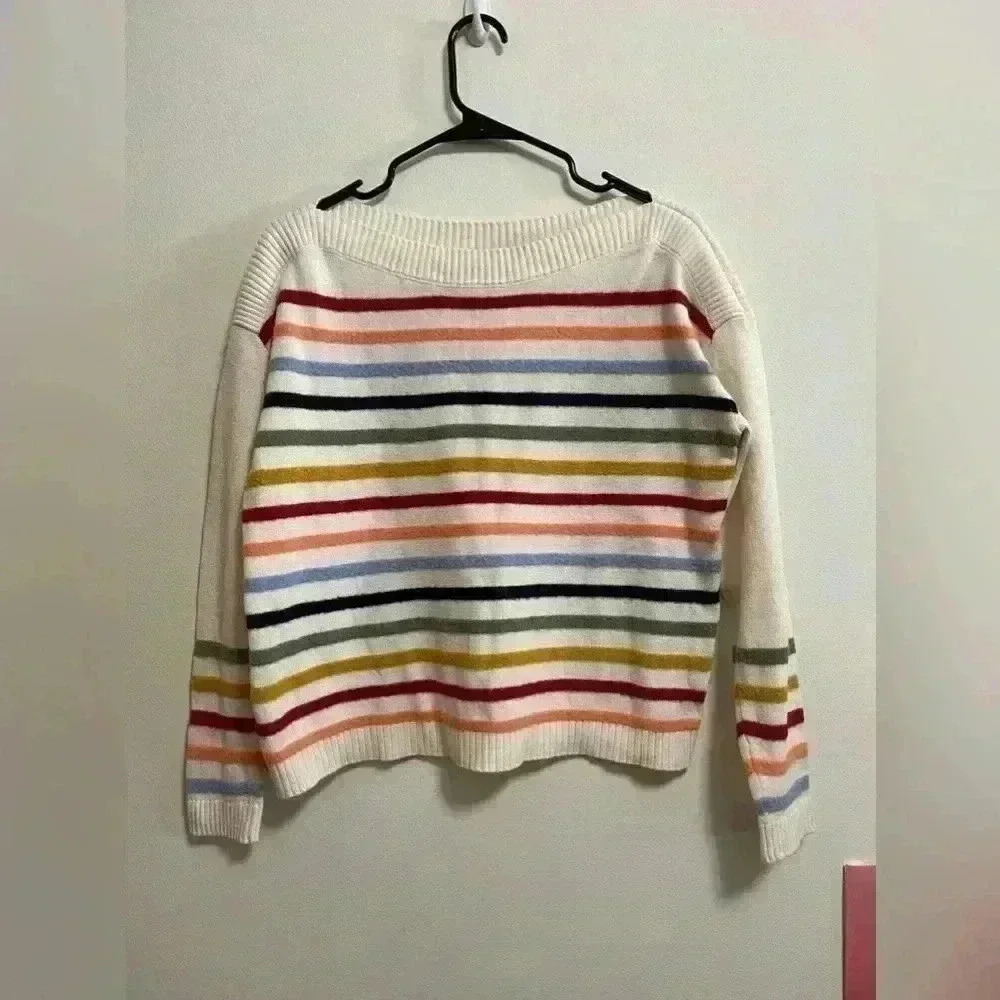 LOFT - Fuzzy Multicolor Striped Ribbed Trim Pullover Sweater - Size‎ XS